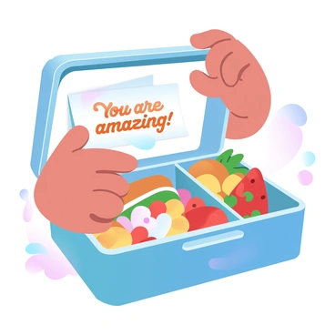 A child is opening a colorful lunchbox with a look of curiosity. Inside the lunchbox is a neatly folded note that reads "You are amazing!" in bright, cheerful letters. The lunchbox is filled with a sandwich, fruit, and snacks, all arranged neatly. Sunlight filters in, casting a warm glow on the scene, highlighting the child's excited expression as they discover the note. A soft, pastel gradient background enhances the joyful moment.