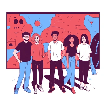 A group of five illustrators is standing together in front of a large mural that is predominantly red and blue. Each illustrator is smiling and wearing casual attire, displaying a diverse range of styles and artistic expressions. The mural behind them features various vibrant designs, including abstract shapes and playful characters, which create a lively backdrop. The sun is shining, casting bright light over the scene, enhancing the colors of the mural and the illustrators' clothing. The illustrators are positioned closely together, showcasing camaraderie and collaboration.