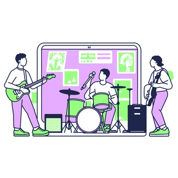 A group of men is gathered in a garage for a jam session. One man is playing an electric guitar, while another is seated at a drum kit, rhythmically hitting the drums. A third man is holding a microphone, singing energetically. The fourth man is playing a bass guitar, focused on the rhythm. Various musical equipment, like amplifiers and music stands, are scattered around the garage. The walls are adorned with posters of famous musicians, and there are several spare instruments sitting in the corner. The scene is lively and filled with the energy of music-making.