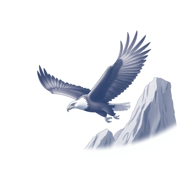 An eagle with outstretched wings is soaring majestically through the air. The bird's strong body is poised for a dive, showcasing its sharp beak and keen eyes focused on the ground below. In the background, a rugged cliff rises sharply, providing a dramatic vantage point for the eagle. The cliff's rocky texture contrasts with the smooth sky, emphasizing the eagle's grace and power as it prepares for its descent.