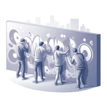Several operators are actively creating graffiti art on a large urban wall. Each operator is holding different spray paint cans, demonstrating a range of dynamic poses as they apply their artistic expressions. The wall features an array of intricate designs and patterns, showcasing various styles of graffiti. The operators are wearing casual clothing, and there are paint splatters on their clothes and the ground. In the background, buildings and city elements provide context to the urban setting.