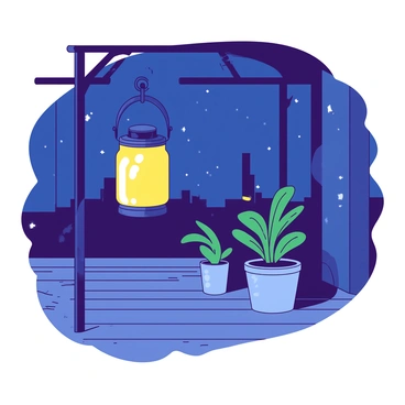 A yellow glowing lantern is hanging from a wrought iron hook on a wooden patio. The lantern casts a warm light, illuminating the surrounding areas with a soft glow. Several potted plants are placed around the patio, with their leaves gently rustling in the night breeze. The lantern is swaying slightly, creating a rhythmic movement in the serene atmosphere of the night. In the background, a clear night sky is visible, dotted with small white stars.