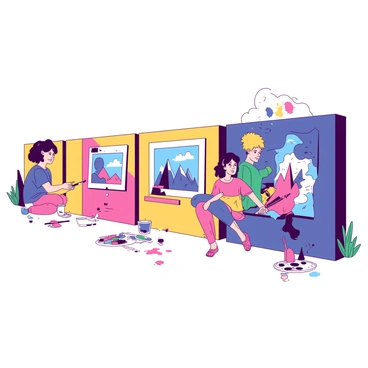 A duotone mural features a series of panels that depict the "artistic journey" of students. The first panel shows a beginner student, with a focused expression, holding a paintbrush and working on a simple abstract piece using basic shapes and colors. The next panel illustrates an intermediate student, with a look of determination, painting a more complex landscape with various techniques and textures. In the final panel, an advanced student is depicted, confidently showcasing a vivid and intricate masterpiece, surrounded by colorful paint splatters and art supplies. The panels transition smoothly, representing growth and progression in artistic skills.