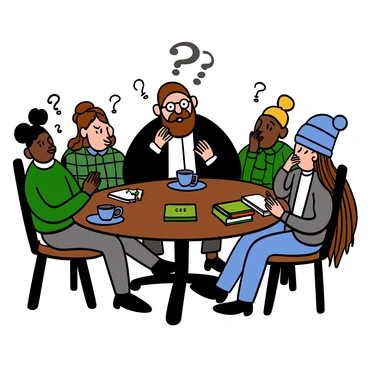 A light-skinned man with a thick beard and glasses, dressed in a dark coat and white shirt, is passionately speaking at a round table in a cozy café. Surrounding him are several young thinkers with diverse appearances, including a light-skinned woman with curly hair wearing a green sweater, a dark-skinned man with short hair and a plaid shirt, and a medium-skinned person with long hair and a blue beanie. They are leaning forward, intently listening and taking notes, with cups of coffee and books scattered on the table. The café has warm lighting and vintage decor, creating an inviting atmosphere for discussion.