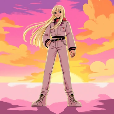 An anime character with long flowing hair stands confidently against a dramatic sunset. The sky features vivid clouds in shades of orange, pink, and purple. The character wears a stylish outfit, with intricate details and accessories that complement their confident pose. Shadows fall gently around them, enhancing the vibrant colors of the sunset while giving depth to the scene. The character looks ahead, their expression determined and focused.
