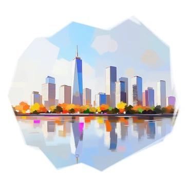 A detailed illustration featuring two distinct city skylines against a clear sky. The first skyline on the left showcases a series of towering skyscrapers, including a prominent triangular-shaped building and several glass-clad structures of varying heights. The second skyline on the right mirrors the building heights of the first, featuring similarly designed skyscrapers with unique architectural elements. The two skylines are separated by a calm body of water reflecting their silhouettes, emphasizing the equivalent ratios in height. The scene captures the dynamic urban landscape, with a blend of modern and contemporary design elements.