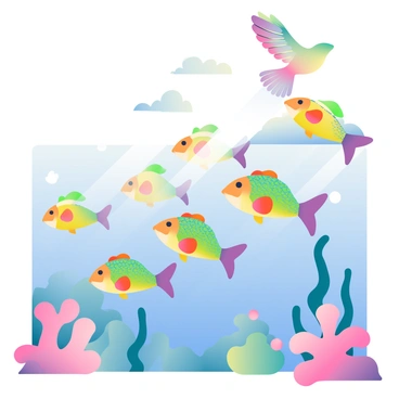 A vibrant underwater scene features a group of colorful fish with iridescent scales swimming gracefully. The fish are designed to transition smoothly into birds, with their bodies gradually reshaping into feathered wings as they move upward. The transition creates a mesmerizing optical pattern where the fish's tails blend into the feathers of the birds. In the background, there is a serene aquatic environment with coral reefs and soft rays of sunlight filtering through the water's surface, illuminating the scene. The colors of the fish and birds are bold and dynamic, enhancing the visual flow of the transformation.