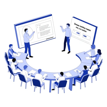 A workshop setting is filled with several chairs arranged in a semi-circle facing a presenter. The presenter stands beside a whiteboard, writing down compliance rules with a marker. The whiteboard is filled with bullet points and diagrams illustrating various rules. In front of the presenter, an audience of attentive participants is taking notes. The room features bright overhead lighting and various materials like handouts and laptops on the tables. A projector is set up in the corner, displaying a title slide related to compliance training.