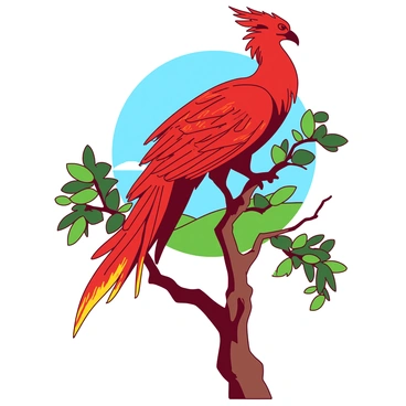 A red phoenix with fiery plumage is perched gracefully on a gnarled tree branch. The branch is adorned with lush green leaves, contrasting with the vibrant colors of the phoenix. The bird's wings are slightly spread, showcasing the intricate patterns of its feathers, which shimmer like flames in the sunlight. The background features a clear blue sky, enhancing the stunning appearance of this mythical creature.