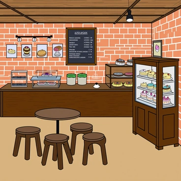 A rustic cake shop with exposed brick walls that have a warm, earthy tone. The walls are adorned with small framed pictures of cakes and pastries. Wooden furniture features prominently, including dark wooden tables and mismatched chairs, creating a cozy setting. On one side of the shop, a large wooden display case showcases an array of colorful cakes and pastries, each decorated with intricate designs. The floor has a slightly worn wooden surface, adding to the vintage charm. Soft lighting hangs from the ceiling, illuminating the space and casting gentle shadows. A chalkboard menu is prominently displayed on the wall, listing the specialties of the day.