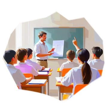 A classroom scene featuring a teacher with medium skin and short brown hair, standing in front of a blackboard, as they hand back exams to a group of attentive students. The teacher is dressed in a casual button-up shirt and is holding a stack of graded papers. Several students, with diverse appearances, eagerly reach out to receive their exams. One student is raising their hand to ask a question, while another is looking at their paper with a thoughtful expression. Desks are arranged neatly with textbooks and stationery visible, creating an engaging learning environment.
