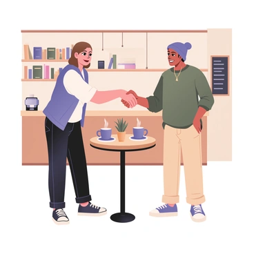 A digital flat illustration depicting two friends making a handshake deal in a cozy coffee shop. The first friend is on the left, has light skin, and is wearing a blue denim jacket over a white t-shirt, paired with dark jeans. The second friend is on the right, has medium skin, and is dressed in a green sweatshirt and beige chinos, with a beanie on their head. They are both smiling and reaching out to shake hands over a small wooden table. On the table, there are two steaming coffee cups, and a small decorative plant is placed in the middle. The background features a warm and inviting interior with wooden shelves filled with books and a chalkboard menu on the wall.