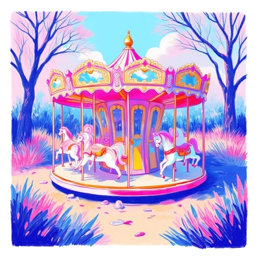 An old carousel stands in the center of a deserted park. The carousel is intricately designed with ornate carvings and peeling paint. Ghostly horses with flowing manes and ethereal features are positioned along the ride, each appearing to gallop as the carousel spins slowly. The park surrounding the carousel is overgrown, with tall grass and weeds, and a few scattered leaves on the ground. Distant trees loom above, their branches slightly swaying in the breeze. The atmosphere is quiet, with a sense of nostalgia surrounding the scene.