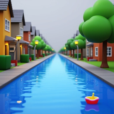 A neighborhood street filled with flowing water after a heavy storm. The water reflects the gray sky, with raindrops still falling. Nearby houses are visible, their lower sections partially submerged. Trees line the street, their leaves glistening with rain. A child's colorful toy boat floats gently on the water's surface. Streetlights are illuminated, casting a warm glow amidst the stormy scene.
