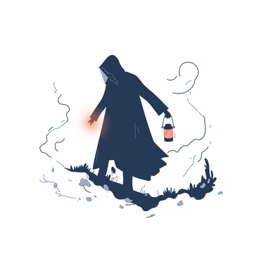 A figure is moving through a thick, white fog that envelops the surroundings. The figure is wearing a long, dark cloak that billows slightly with each step. In one hand, the figure holds a small, flickering lantern that emits a soft, warm orange light, cutting through the dense mist. Shadows dance around as the light illuminates patches of the ground, creating a contrast between the bright spots and the obscured areas. The fog swirls around the figure, giving a sense of mystery to the scene as it advances cautiously through the eerie atmosphere.