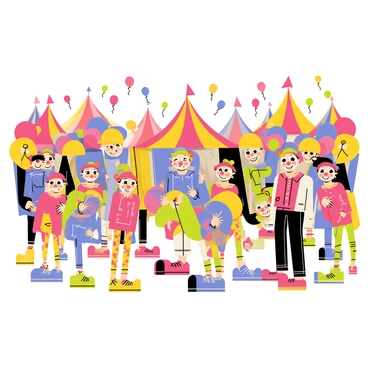A twisted carnival scene featuring a vibrant and chaotic atmosphere. In the foreground, there are several "distorted mirrors" reflecting warped images of the surroundings. Various "eerie clowns" with exaggerated facial features stand around, wearing colorful costumes and oversized shoes. Balloons of different colors float in the air, adding to the whimsical yet unsettling vibe. Brightly colored tents with pointed tops are scattered throughout the background, and faint hints of "funfair games" can be seen along the sides. Shadows cast by the tent lights create a mysterious ambiance across the scene.