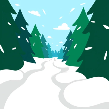 A narrow, winding path cuts through a dense forest, flanked by tall evergreen trees laden with fresh, untouched snow. The ground is blanketed in a thick layer of white, creating a smooth, shimmering surface. Sunlight filters through the branches, casting gentle shadows and highlighting the glistening snowflakes. The scene conveys a sense of tranquility and purity, with delicate snowflakes falling softly from the branches above, adding to the serene atmosphere.