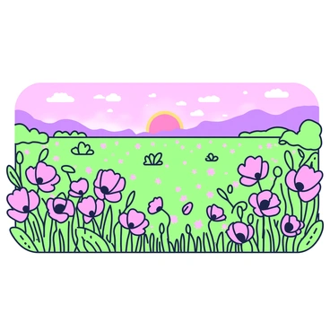 A panoramic view of a vast field filled with poppy flowers, displaying thousands of vibrant blooms swaying gently in the breeze. The sky above is transitioning into dusk, showcasing a gradient of colors as the sun sets on the horizon. In the foreground, clusters of poppies feature prominently, their delicate petals unfurling gracefully. In the middle ground, the field stretches widely, dotted with patches of green foliage between the clusters of flowers. Silhouettes of distant hills provide a soft backdrop, enhancing the depth of the scene. The atmosphere conveys a sense of tranquility as the day comes to a close.