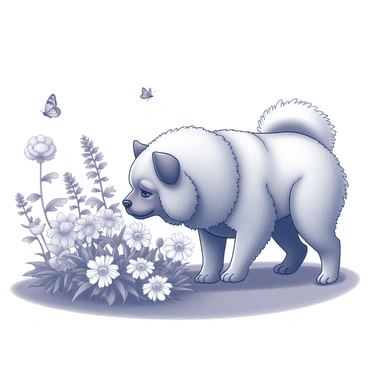 A chow chow dog is sniffing a variety of flowers in a well-kept garden. The garden is abundant with different flower types, showcasing a mix of shapes and sizes. The chow chow has a thick, fluffy coat and is crouching slightly as it investigates the blossoms. Butterflies are fluttering around the flowers, landing on the petals. The overall scene captures a moment of curiosity and exploration in a vibrant and lively garden setting.