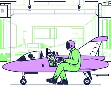 A test pilot is seated in the cockpit of a prototype jet, adjusting the controls in front of him. He is wearing a flight suit and a helmet, with visor down, ready for the flight. The cockpit is filled with various instruments and displays, showcasing a complex array of dials and screens. The open hangar surrounding the jet has concrete floors and large hangar doors that allow sunlight to pour in. In the background, other aircraft and tools are visible, emphasizing the aviation setting. The prototype jet has sleek lines and a modern design, standing out as the focal point of the scene.