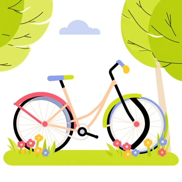 A bicycle with a sleek frame parked on a grassy area in a bright park. The bicycle features wheels painted in the vibrant colors of the color wheel, including red, orange, yellow, green, blue, indigo, and violet. The sunlight filters through the green leaves of nearby trees, casting playful shadows on the ground. Colorful flowers bloom around the base of the bicycle, adding to the lively atmosphere of the park. A clear blue sky is visible above, enhancing the cheerful scene.