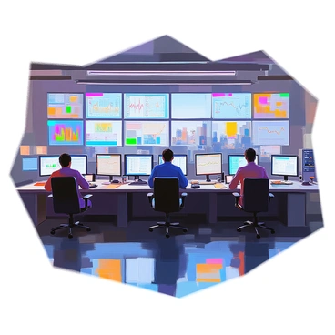 A control room filled with a series of large screens displaying various compliance data in real-time. The room features several rows of workstations, each equipped with computers and ergonomic chairs, where operators are seated, focused on monitoring the information. The screens show colorful graphs, charts, and numerical data, glowing in the dim light of the room. The walls are adorned with digital panels and buttons, adding to the high-tech atmosphere. In the background, there is a large window that reveals a skyline view, hinting at a bustling city outside.
