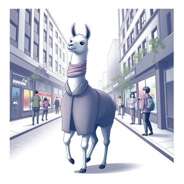 A llama walking along a busy city street. The llama is adorned with a fashionable coat that fits snugly around its body and a scarf wrapped around its neck. The street is filled with various pedestrians, some stopping to take photos, while others are engaged in conversations. Tall buildings line the sides of the street, with shop fronts displaying colorful signs. The ground is paved with bricks, and there are trees planted along the sidewalk, providing a lively urban atmosphere.