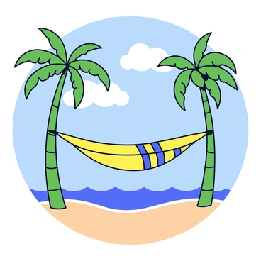 A colorful hammock is strung between two tall palm trees. The hammock is predominantly yellow with blue stripes. The palm trees have slender, green trunks and large, feathery fronds that sway gently in the breeze. The background features a bright blue sky with a few fluffy white clouds. Below, the sandy beach is a soft beige color, and gentle waves are lapping at the shore, creating a light foamy edge where water meets sand.
