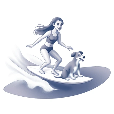 A girl with long hair and a joyful expression is riding a surfboard on the ocean waves. She is wearing a swimsuit and is poised in a surfing stance. On the front of the surfboard, a dog is sitting comfortably with its ears flapping in the wind, sharing the thrill of the ride. The background features rolling waves and a clear sky, enhancing the lively atmosphere of their ocean adventure.