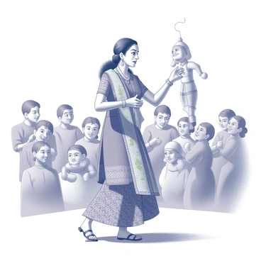 An Indian woman is standing on a stage, dressed in traditional attire featuring intricate patterns and embellishments. She is gracefully manipulating colorful traditional puppets, showcasing a lively performance. The puppets are of various sizes and designs, each with distinct facial expressions and ornate costumes. The woman is actively engaged with the audience, using her expressive movements to bring the puppets to life. The atmosphere is vibrant, filled with the energy of her performance and the captivated expressions of the audience watching intently.