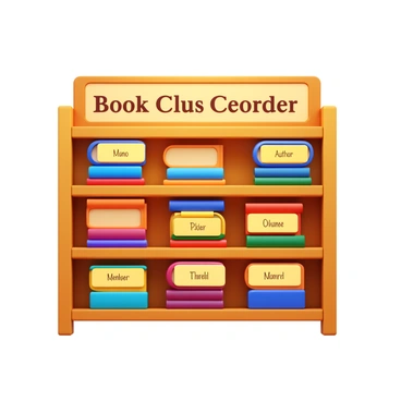 A leaderboard display featuring a wooden bookshelf with neatly stacked books. Each book has a visible title and author label. The leaderboard includes name tags for each member, positioned beside their corresponding completed books. The names are written in an elegant font, and there is a header that reads "Book Club Leaderboard." Light wood tones and warm colors create a cozy atmosphere in the design.
