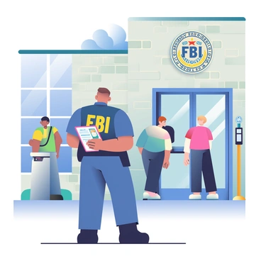 An FBI security officer with a short haircut and wearing a dark blue uniform is standing at the entrance of a federal building. The officer is holding a clipboard with various identification cards. A metal detection device is positioned next to the entrance, where a small line of people is waiting. The building features large glass doors and has a stone facade with the seal of the Federal Bureau of Investigation prominently displayed above the entrance. The weather is clear, with a bright blue sky and a few fluffy white clouds.