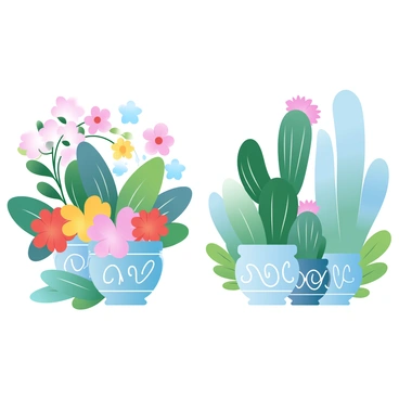 A lush garden is filled with "colorful flowers" of different varieties on one side. These flowers are blooming vibrantly in a mixture of shades including "red", "yellow", "blue", and "pink". On the opposite side, there is a collection of "various cacti in decorative pots". The cacti range in shapes and sizes, with some tall and slender while others are short and round. The pots feature intricate designs, adding detail to the scene. The garden is surrounded by greenery, creating a rich contrast against the colorful flowers and cacti.