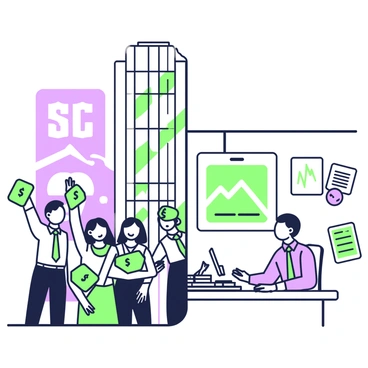 A split illustration featuring two contrasting sections. On the left side, there is a depiction of financial success. This section showcases a tall, modern skyscraper with large glass windows reflecting the sky, symbolizing wealth and achievement. Below, a group of diverse people are smiling and celebrating, holding large checks. They are dressed in formal business attire. The atmosphere is bright and vibrant, with symbols of upward trends and growth, such as arrows and charts in the background.

On the right side, the reality of margin risk is illustrated. This section contains a stark office environment with a cluttered desk piled with papers and a computer displaying a downward trend line. A worried person, dressed in a wrinkled shirt, is sitting at the desk, staring at the screen with a furrowed brow. The walls are adorned with warning signs and notices about financial risks, creating a stark contrast to the left side.