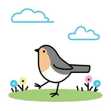 A robin, with a vibrant orange chest and a small round body, is hopping across a lush green meadow. The grass beneath it is a bright green, with delicate blades swaying slightly as the bird moves. The robin's tail is short and slightly lifted, and its beak is pointed and slender, complementing its overall shape. In the background, patches of colorful wildflowers can be seen, adding splashes of color to the serene landscape. The sky above is clear with a few fluffy white clouds drifting lazily.