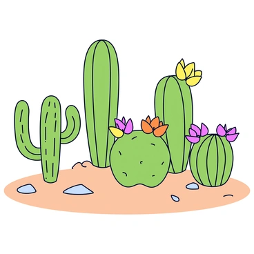 A family of cacti in a sandy garden includes various shapes and sizes. One cactus is tall and slender with a vibrant green color, while another is short and round, displaying a compact form. A third cactus has a unique branching structure resembling a tree. Each cactus is adorned with small, colorful flowers in shades of pink, yellow, and orange. The sandy garden has patches of light brown sand and small rocks scattered around.