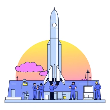 A rocket standing tall on a launch pad, its metallic surface reflecting the early morning light. Several technicians in blue uniforms are gathered around the base of the rocket, checking the equipment and making final preparations. The sky is painted with shades of orange and pink, indicating a beautiful sunrise in the background. The launch pad is surrounded by safety barriers and communication equipment, creating a busy atmosphere of anticipation.