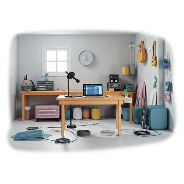 A cluttered garage filled with various tools and equipment, with a makeshift music recording setup in one corner. There is a black microphone on a stand, positioned in front of a wooden table. A sleek laptop sits on the table, its screen displaying sound editing software. Surrounding the setup are scattered cables and a few music sheets. The garage walls are painted in a light gray color, and a workbench filled with tools can be seen in the background. Natural light filters in through a small window, illuminating the scene.