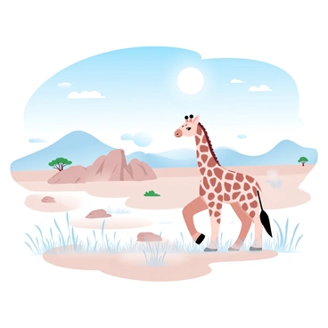A giraffe with a long neck and patterned coat is walking through the open African savannah. The landscape is filled with tall grasses, sparse acacia trees scattered in the background, and a few rocky outcrops. A clear blue sky stretches overhead, and the sun is shining brightly, casting soft shadows on the ground. The scene captures the tranquility of the savannah environment.