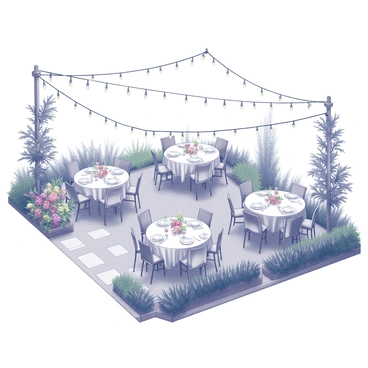 A garden party setting with tables, chairs, and string lights hanging