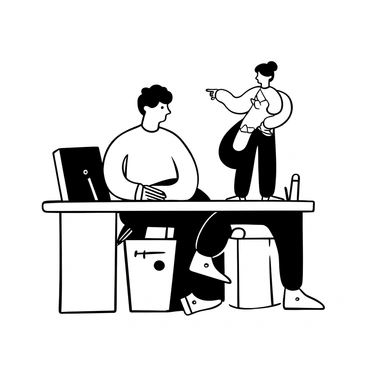 A person sitting at a table with a serious expression, holding a miniature figure of themselves in one hand. The miniature figure is standing on the table, pointing in a specific direction with an assertive posture. There are various cluttered items on the table, such as a notebook and a pen. The setting conveys a feeling of deep focus and contemplation.