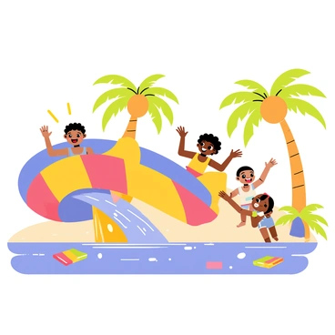 A vibrant water park scene featuring a large, twisting water slide adorned with stripes of bright yellow, blue, and red. Several children of varying descent are laughing joyfully as they slide down, splashes of water cascading around them. One child with curly hair is in the lead, arms raised in excitement, while another child with straight hair follows closely, eyes wide with glee. The background includes palm trees with bright green leaves and colorful beach towels spread on the ground, adding to the lively atmosphere. Sunlight sparkles on the water surface, enhancing the cheerful mood.