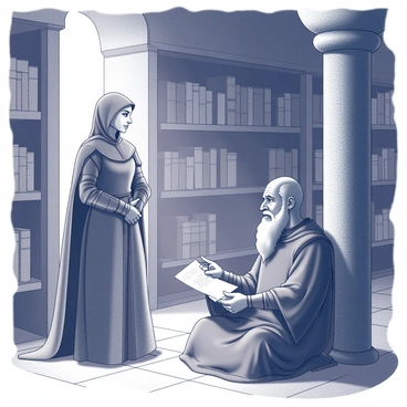 Jeanne d'Arc is standing in a dimly lit monastery. She is dressed in armor, with a determined expression on her face. In front of her, a wise old monk sits cross-legged on a stone floor, wearing a simple brown robe and a thoughtful look. The monk has a long white beard and is holding a parchment, gesturing with his hand as if explaining something important. Surrounding them are tall stone walls adorned with wooden shelves filled with ancient books and scrolls. A faint light from a nearby window casts soft shadows, enhancing the atmosphere of the scene.