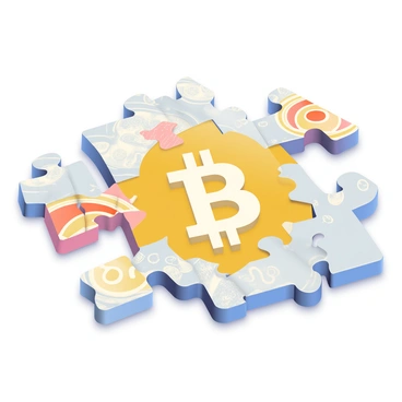 A 3D puzzle made up of interlocking pieces is taking shape to form a "bitcoin" symbol. The puzzle pieces are a mix of gold, silver, and copper colors, reflecting the metallic nature of real coins. Each piece has intricate designs and patterns that mimic the appearance of a bitcoin, featuring the recognizable "B" logo at its center. The puzzle is displayed on a light surface, allowing the colors to shine, and some pieces are slightly separated, emphasizing the interlocking nature of the design. A soft shadow is cast beneath the puzzle, creating a sense of depth.