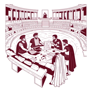 A group of six Greek soldiers in bronze armor is gathered in a circular marble amphitheater. The soldiers are leaning towards each other, deep in an earnest discussion. Two of them are holding maps, while another soldier points decisively to a location. The amphitheater is adorned with intricately designed columns and has a polished marble floor reflecting their intense expressions. In the background, a faint silhouette of the general can be seen on a raised platform, unaware of the plotting occurring below. The surrounding area is filled with old stone benches where other soldiers are seated, with some casting wary glances towards the group.