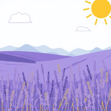 Endless fields of "purple lavender" stretching across the landscape, each flower swaying gently in the breeze. The sun shines brightly overhead, casting a warm glow over the scene. A clear blue sky serves as a backdrop, with a few fluffy white clouds scattered above. In the distance, rolling hills can be seen, adding depth to the picturesque view. The lavender plants are lush and vibrant, creating a sea of color that enhances the beauty of the natural setting.