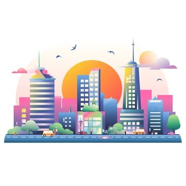 A vibrant city skyline is depicted against a backdrop of a sunset sky filled with shades of orange, pink, and purple. The skyline features a mix of tall skyscrapers and shorter buildings, each with distinctive designs. Some buildings have large glass windows reflecting the colors of the sunset, while others are adorned with antennas and rooftops. Below the skyline, the streets are bustling with tiny cars and people walking. Streetlights begin to glow as night approaches, and a few birds can be seen flying in the sky.
