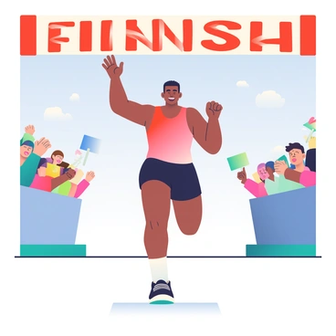 A runner with medium skin and short black hair is crossing the finish line of a competitive race. The runner is wearing a bright red tank top and black shorts, and their expression is one of triumph and joy. Their arms are raised in celebration, and they have a determined look in their eyes. The finish line banner is above them, displaying the words "FINISH" in bold letters. Surrounding the runner, there are spectators cheering enthusiastically, holding colorful signs. The scene captures the excitement of the moment with a blue sky in the background.