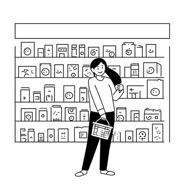 A shopper is standing in the snack aisle of a grocery store, smiling as they scan the shelves. The aisle is filled with various snack products, including bags of chips, boxes of cookies, and jars of nuts. The shelves are organized and stocked neatly, and the bright overhead lights illuminate the scene. The shopper is wearing a casual outfit, with a shopping basket in one hand. Their eyes are focused on the snacks, and there is a sense of excitement in their expression.