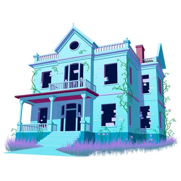 An abandoned mansion with crumbling walls and broken windows, showcasing a deteriorating grandeur. The once elegant facade is now draped in overgrown vines that snake their way up the sides of the building. The front porch is sagging under the weight of neglect, with splintered wooden railings. Dark shadows loom in the empty windows, hinting at the decay within. Tangles of weeds and wildflowers flourish in the surrounding yard, encroaching on the path that leads to the entrance. The sky above is overcast, casting a somber light that accentuates the mansion's forlorn state.